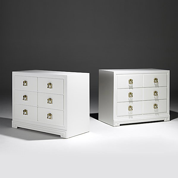 STYLE OF LORIN JACKSON; JOHN STUART; 2 dressers: STYLE OF LORIN JACKSON; JOHN STUART; Pair of lacquered dressers, brass plated hardware; Metal tags; 33'' x 40'' x 20''