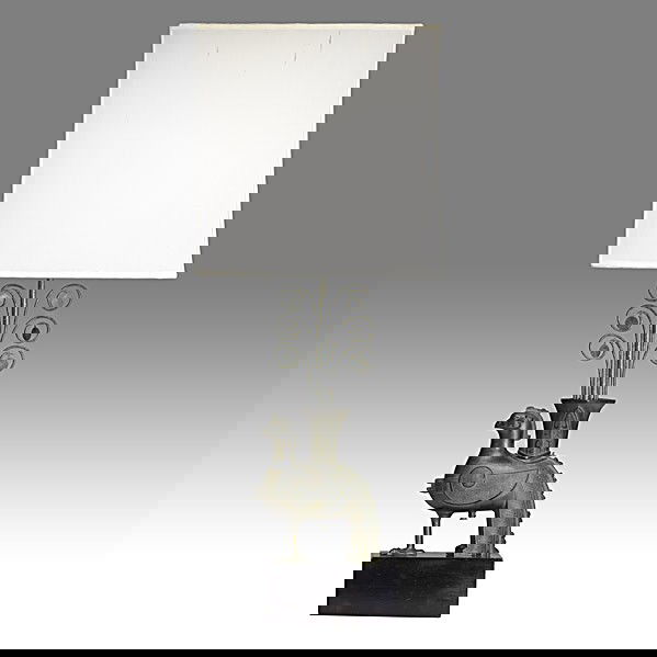 BILLY HAINES; Patinated bronze lamp: BILLY HAINES; Patinated bronze lamp on lacquered block, silk shade; Japan tag; 42'' x 11'' x 5'', shade: 17'' x 17'' x 13''