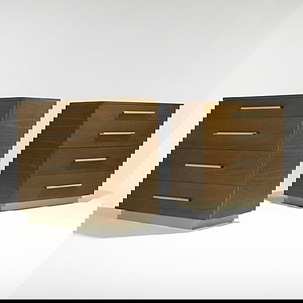 GILBERT ROHDE; HERMAN MILLER; Pair of dressers: GILBERT ROHDE; HERMAN MILLER; Fine pair of combed oak and leather dressers; Foil labels; 38'' x 40'' x 19''