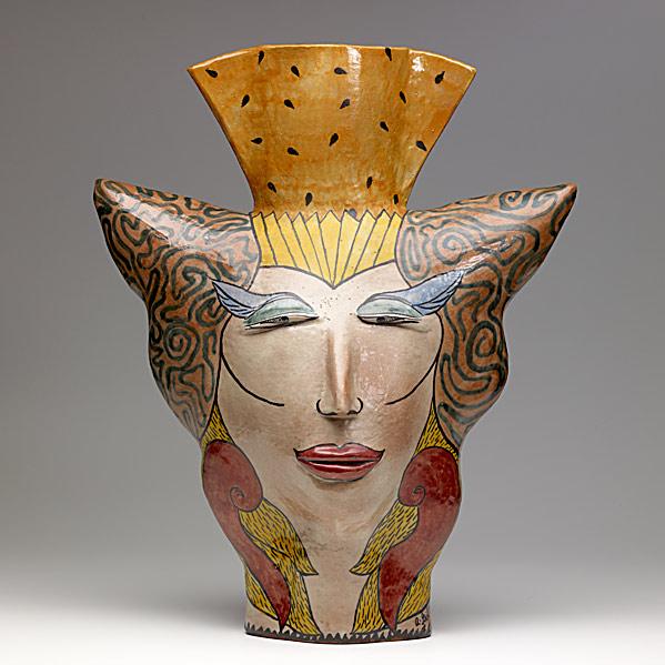 ANDREA GILL; Large earthenware figural vessel: ANDREA GILL; Large glazed earthenware figural vessel, 1984; Provenance: Collection of Hope and Jay Yampol; private New York collection; Signed and dated; 19'' x 16''