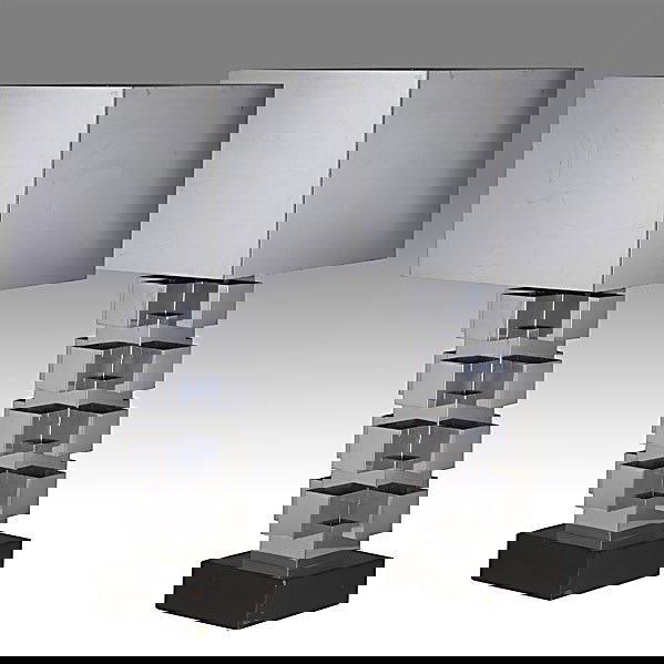 CURTIS JERE; Pair of table lamps: CURTIS JERE; Pair of geometric chromed steel table lamps; Signed C Jere 71; With shade: 36 1/4'' x 17 1/2'' sq.