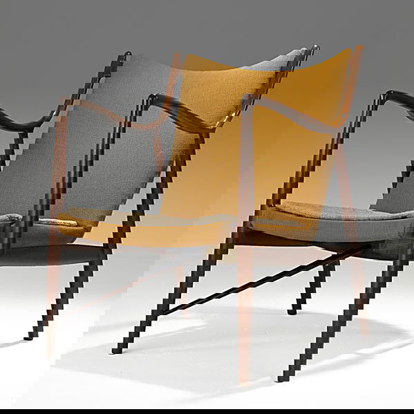 FINN JUHL; NIELS VODDER; Teak No. 45 Easy Chair: FINN JUHL; NIELS VODDER; Teak No. 45 Easy Chair, des. 1945; Georg Jensen paper label, 667 Fifth Ave. NYC; 33'' x 27'' x 29''