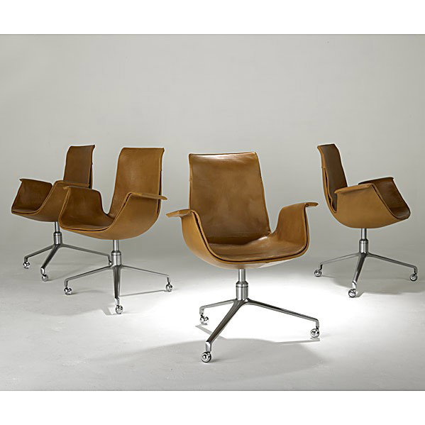 PREBEN FABRICIUS & JORGEN KASTHOLM; 4 Bird chairs: PREBEN FABRICIUS AND JORGEN KASTHOLM; Four brushed steel and leather Bird chairs; Unmarked; 36 1/4'' x 28 3/4'' x 22''