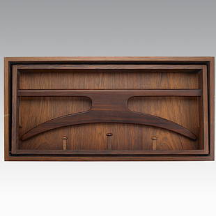 ADAM HOFF & POUL OSTERGAARD; VIRUM; Valet: ADAM HOFF & POUL OSTERGAARD; VIRUM; Rosewood and leather wall hanging valet, 1960s; Distributor's label to reverse: Illums Bolighus Kopenhavn; Open: 15'' x 22'' x 11 1/2''