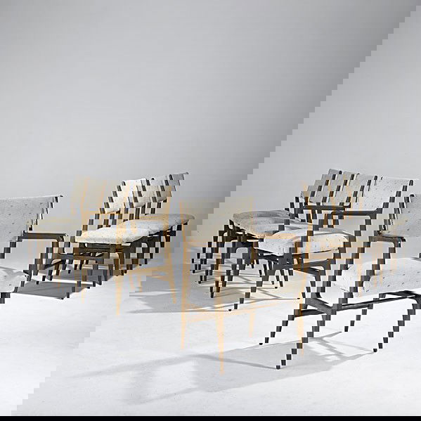 GIO PONTI; SINGER & SONS; Eight dining chairs: GIO PONTI; SINGER & SONS; Set of eight Italian walnut dining chairs, six arm-, two side-; Unmarked; Armchair: 34'' x 22 1/4'' x 21'', side: 34'' x 18'' x 18''
