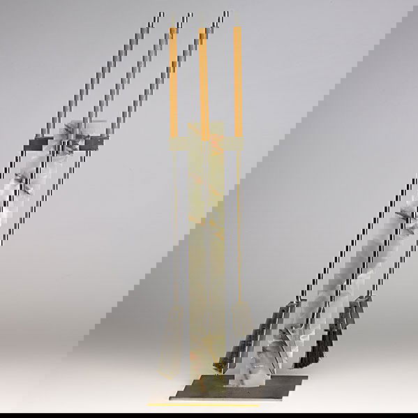 ALESSANDRO ALBRIZZI; Fireplace tools: ALESSANDRO ALBRIZZI; Onyx, brass and teak fireplace tools, c. 1960; Unsigned; Base: 25'' x 10'' x 8 1/2''