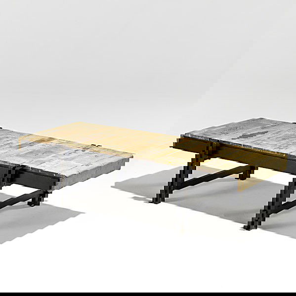 ROGER CAPRON; Bench/table: ROGER CAPRON; Ebonized wood and leaf-patterned ceramic tile bench/table; Stamped signature to one tile; 14'' x 55 1/2'' x 26''