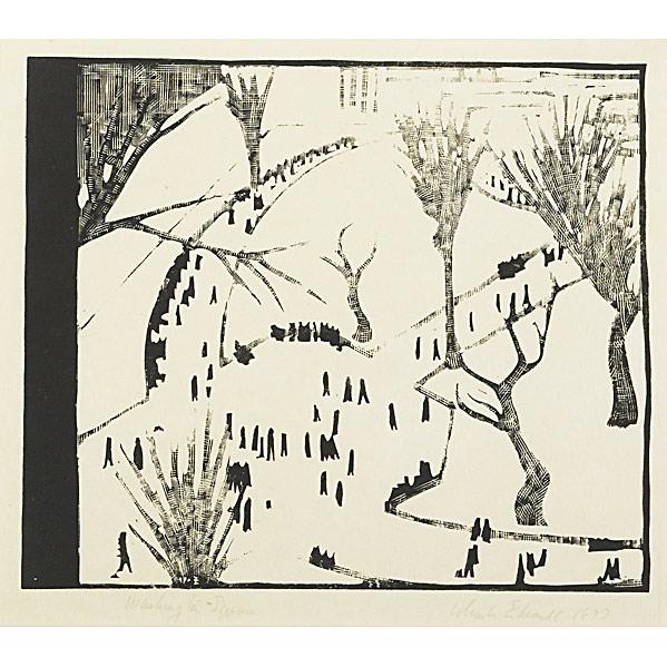 WHARTON ESHERICK; Woodblock on rice paper: WHARTON ESHERICK; Woodcut on rice paper, ''Washington Square,'' 1933; Provenance: Private Collection, West Virginia; Signed, dated and titled; Image: 8 3/8'' x 9 3/4'', sheet: 13'' x 13 7/8''