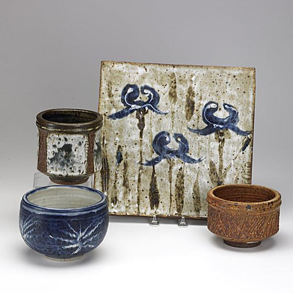OTTO and VIVIKA HEINO; Four stoneware items: OTTO and VIVIKA HEINO; Four glazed stoneware items: three vessels and a large tile with irises; Each signed Vivika + Otto; Tallest vessel: 5'', tile: 12'' sq.
