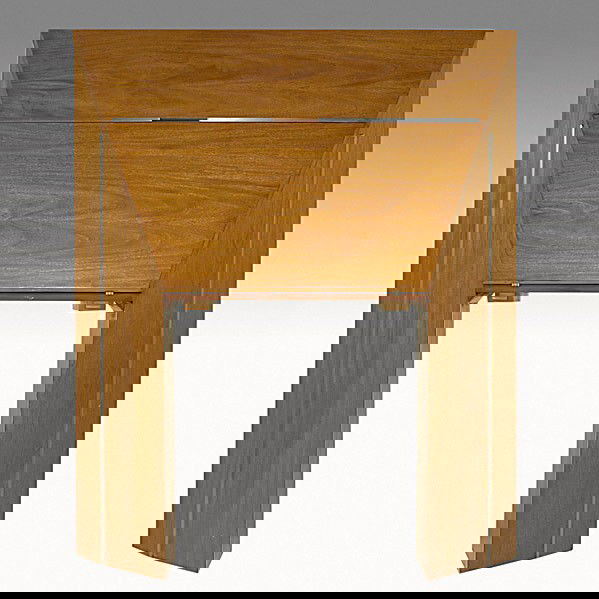 JAY SPECTRE; Perspective drop leaf desk: JAY SPECTRE; Primavera and brushed steel Perspective drop leaf desk; Unmarked; 58 1/4'' x 49'' x 18''