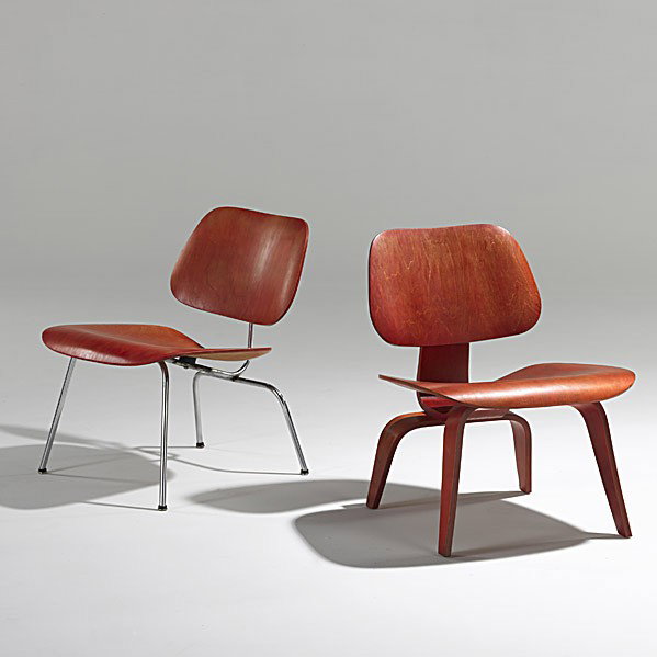 EAMES; HERMAN MILLER; Two lounge chairs: CHARLES AND RAY EAMES; HERMAN MILLER; Two anniline dyed lounge chairs, one LCW, one LCM; Unmarked; LCW: 27'' x 22'' x 24'', LCM: 26 1/2'' x 22'' x 25''