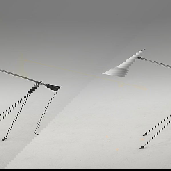 GILBERT WATROUS; HEIFETZ; Floor lamp: GILBERT WATROUS; HEIFETZ; Painted and brushed steel floor lamp with bronze handle, enameled metal shade and cork feet; Unmarked; As shown: 28 1/2'' x 48'' x 14''