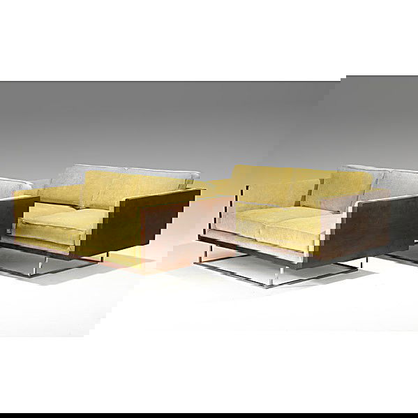 MILO BAUGHMAN; THAYER COGGIN; Pair of settees: MILO BAUGHMAN; THAYER COGGIN; Pair of Indonesian rosewood chromed steel settees; Unmarked; 24 1/4'' x 64'' x 34''