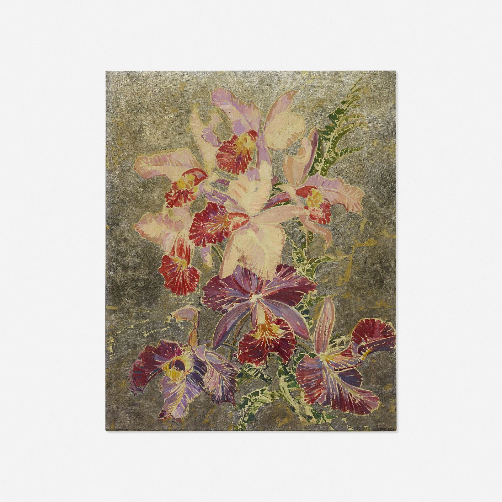 Mary Elizabeth Price, Orchids with Fern: Mary Elizabeth Price Orchids with Fern oil and silver gilt on Masonite in original frame 17.5 h × 14.25 w in (44 × 36 cm) Signed to lower right 'M. Elizabeth Price'. Signed and titled to