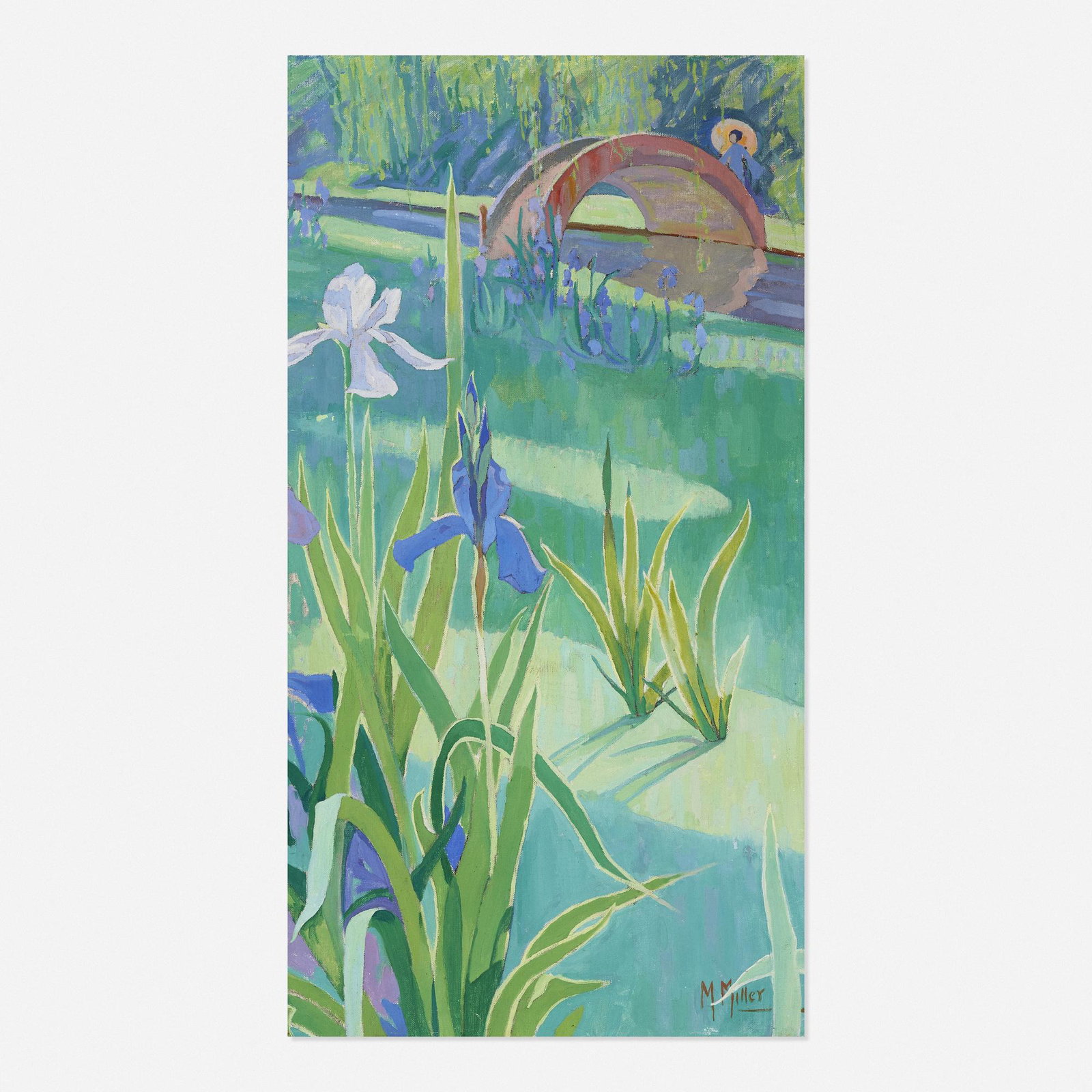 Mildred Bunting Miller, Homage to Monet: Mildred Bunting Miller Homage to Monet oil on canvas 30 h × 16 w in (76 × 41 cm) Signed to lower right 'M. Miller'. Estate stamp to verso.