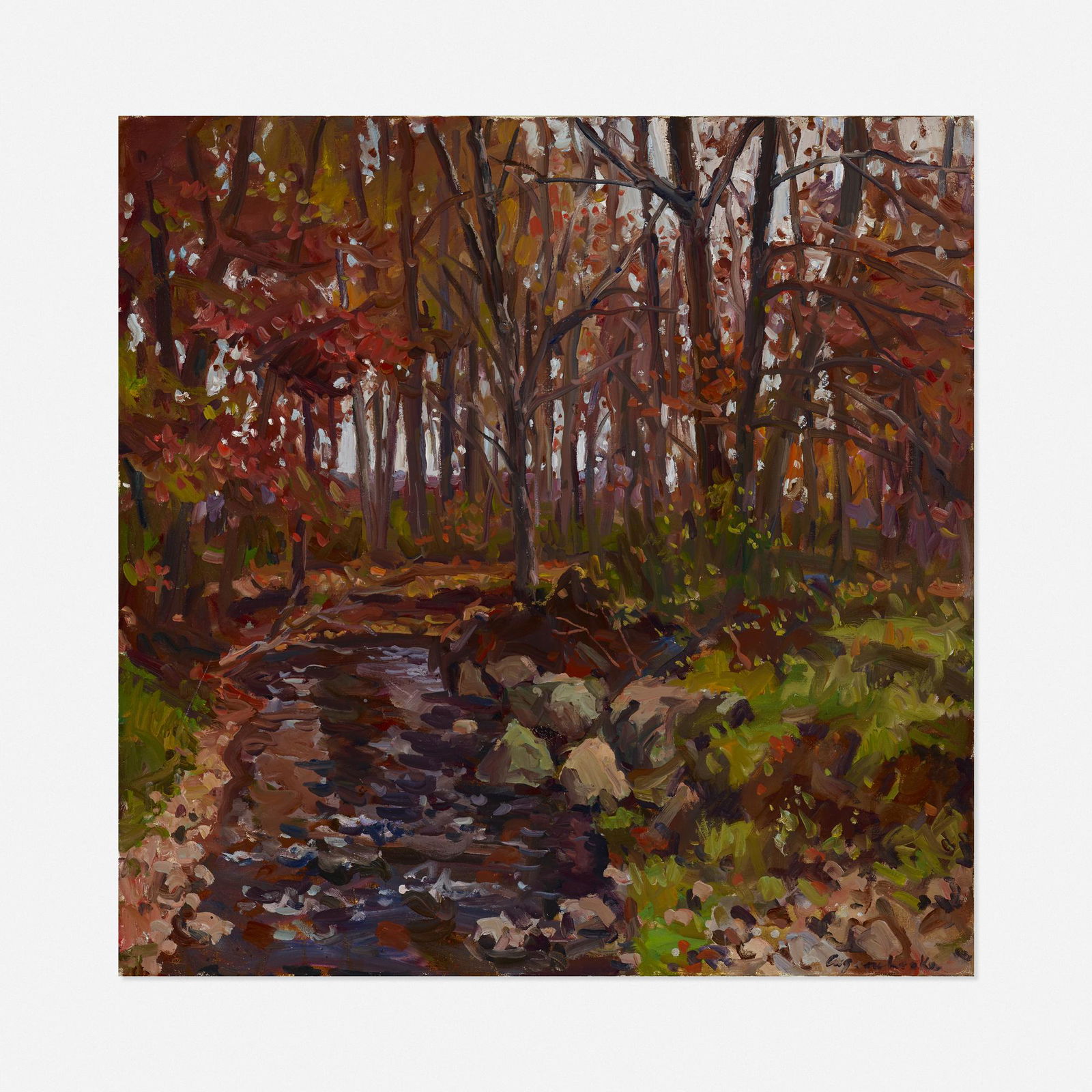 Eugene Leake, Autumn Stream: Eugene Leake Autumn Stream 1979-80oil on canvas 42.125 h × 42.125 w in (107 × 107 cm) Signed to lower right 'Eugene Leake'. Provenance: Tatistcheff Gallery,
