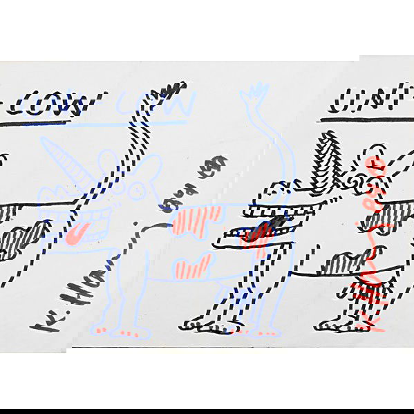 Keith Haring (American, 1958-1990) Uni-Cow, 1984: Keith Haring (American, 1958-1990) Uni-Cow, 1984; Marker on paper; Signed, dated and titled; 8 7/8'' x 12 3/8'' (sheet); Provenance: Private Collection, Minneapolis (accompanied by COA)