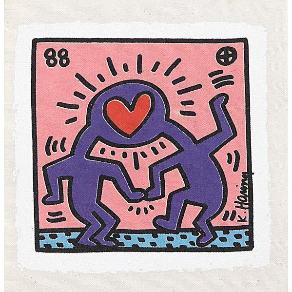 Keith Haring (American, 1958-1990) Kong, 1988: Keith Haring (American, 1958-1990) Kong, 1988; Sreenprint on canvas; 8'' x 7 1/2''; Provenance: Private Collection; Note: Wedding announcement for the union of Estefania Kong and Lawrence ''Dr. Winkie