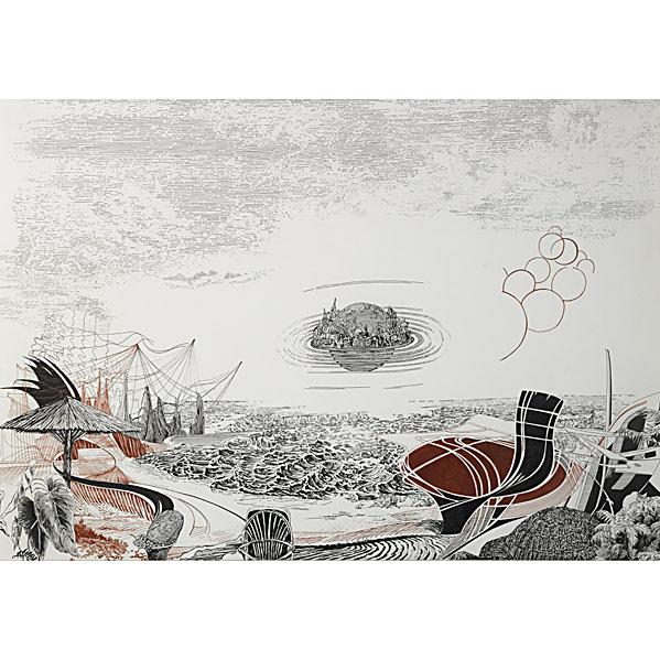 Kerstin Kartscher (German, b. 1966) They won every: Kerstin Kartscher (German, b. 1966) They won everything they wanted in the boom, 2002; Ink and marker on paper (framed); 27 1/2'' x 39 3/8'' (sheet); Provenance: Tanya Bonakdar Gallery, New York (labe