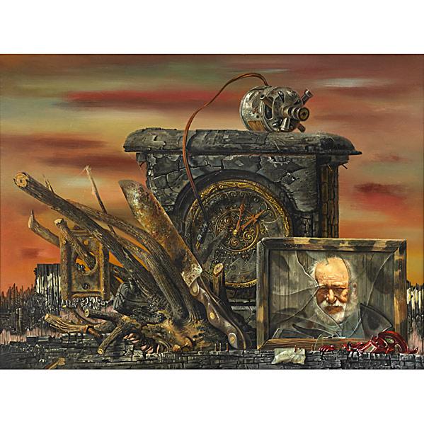 Aaron Bohrod (American, 1907-1992) Burnout, 1982: Aaron Bohrod (American, 1907-1992) Burnout, 1982; Oil on gesso panel (framed); Signed; 18'' x 24''; Provenance: The artist; Steven Jadacek, Wisconsin; Private Collection, Georgia