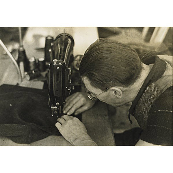 RUSSEL LEE : RUSSEL LEE; Two photographs: Man Working Sewing Machine..., and Tailor in Garment Factory, Jersey Homestead, 1936-37; Gelatin silver prints; Stamp marked and F.S.A.; 8'' x 10''