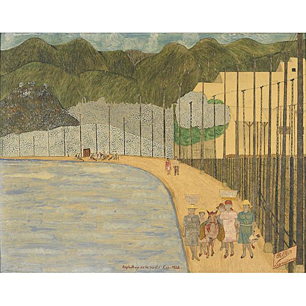 PHILOME OBIN: PHILOME OBIN; Asphaltage de la Route Cap-Milot, 1948; Oil on Masonite (framed); Signed, inscribed, titled and dated; 22 1/4'' x 28 3/4''