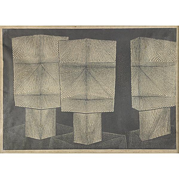 HENRI-GEORGES ADAM: HENRI-GEORGES ADAMS; La Terre, 1959, intaglio/etching on paper (framed), signed, 22" x 31" (image); Unknown Japanese artist, Unitled, 1957, lithograph on paper (framed), signed, 22" x 31" (image)