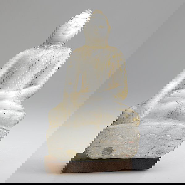 TWO THAI BUDDHA FIGURES: TWO THAI BUDDHA FIGURES; One alabaster with gilt decoration, the other seated in prayer pose with elaborate costume, 19th/20th c.; Larger: 12 1/4''