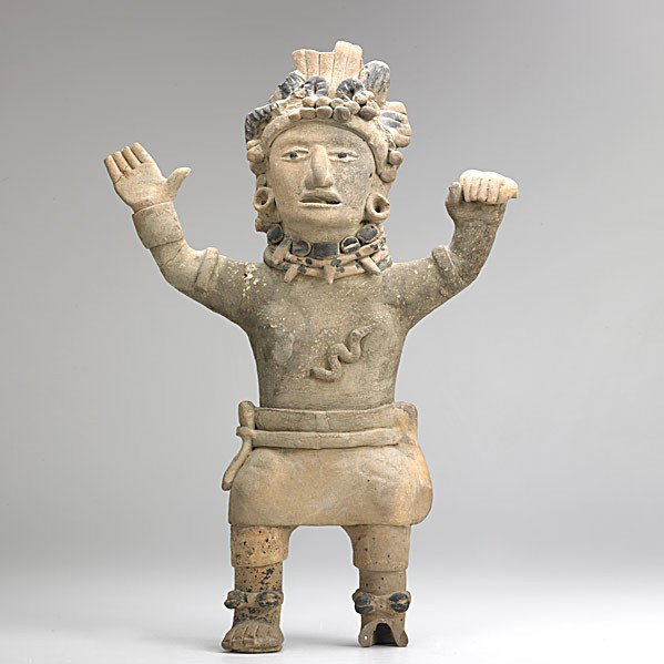 VERA CRUZ FIGURE: VERA CRUZ FIGURE; Remojadas, AD 450-640; Large necklace and headdress with black pigment decoration; Restored; 20''