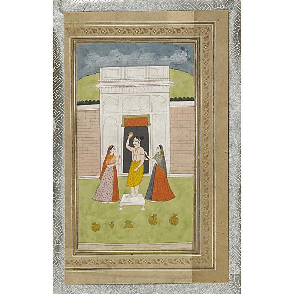 FOUR INDIAN AND PERSIAN MINIATURES: FOUR INDIAN AND PERSIAN MINIATURES; Showing Haniman, royal figures in a palace setting and battle scenes, 18th/19th c.; Framed by Ben Shahn; Largest: 10 1/2'' x 16''