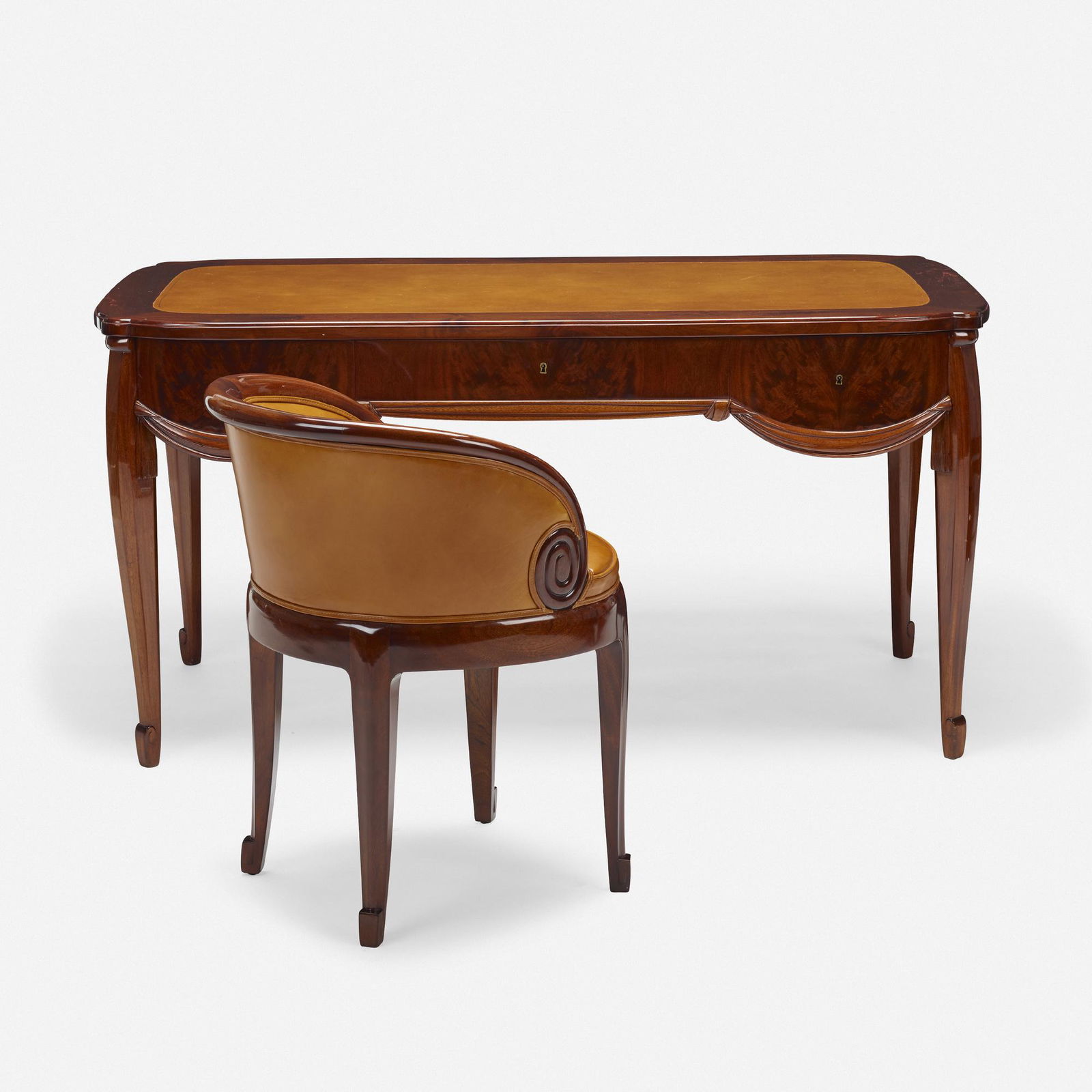 Louis Sue and Andre Mare, Lemeland desk and chair: Louis Sue and Andre Mare Lemeland desk and chair, model 47 France, c. 1925mahogany, leather desk: 29.75 h × 59 w × 31.25 d in (76 × 150 × 79 cm) chair: 30 h × 22 w ×