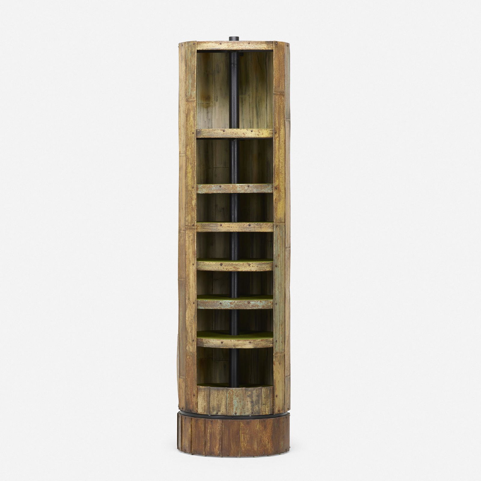 Paul Evans, Rare and Early revolving cabinet: Paul Evans Rare and Early revolving cabinet Paul Evans StudioUSA, c. 1965welded and polychromed steal, enameled wood, felt 74 h × 20 dia in (188 × 51 cm) Cabinet features six