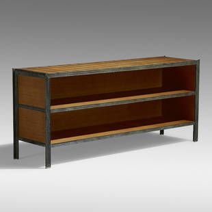 Louis Cane, Bookcase: Louis Cane Bookcase France, c. 1995 patinated bronze, oak 29.5 h × 69 w × 17.75 d in (75 × 175 × 45 cm) Bookcase features one fixed shelf. Impressed signature and number to