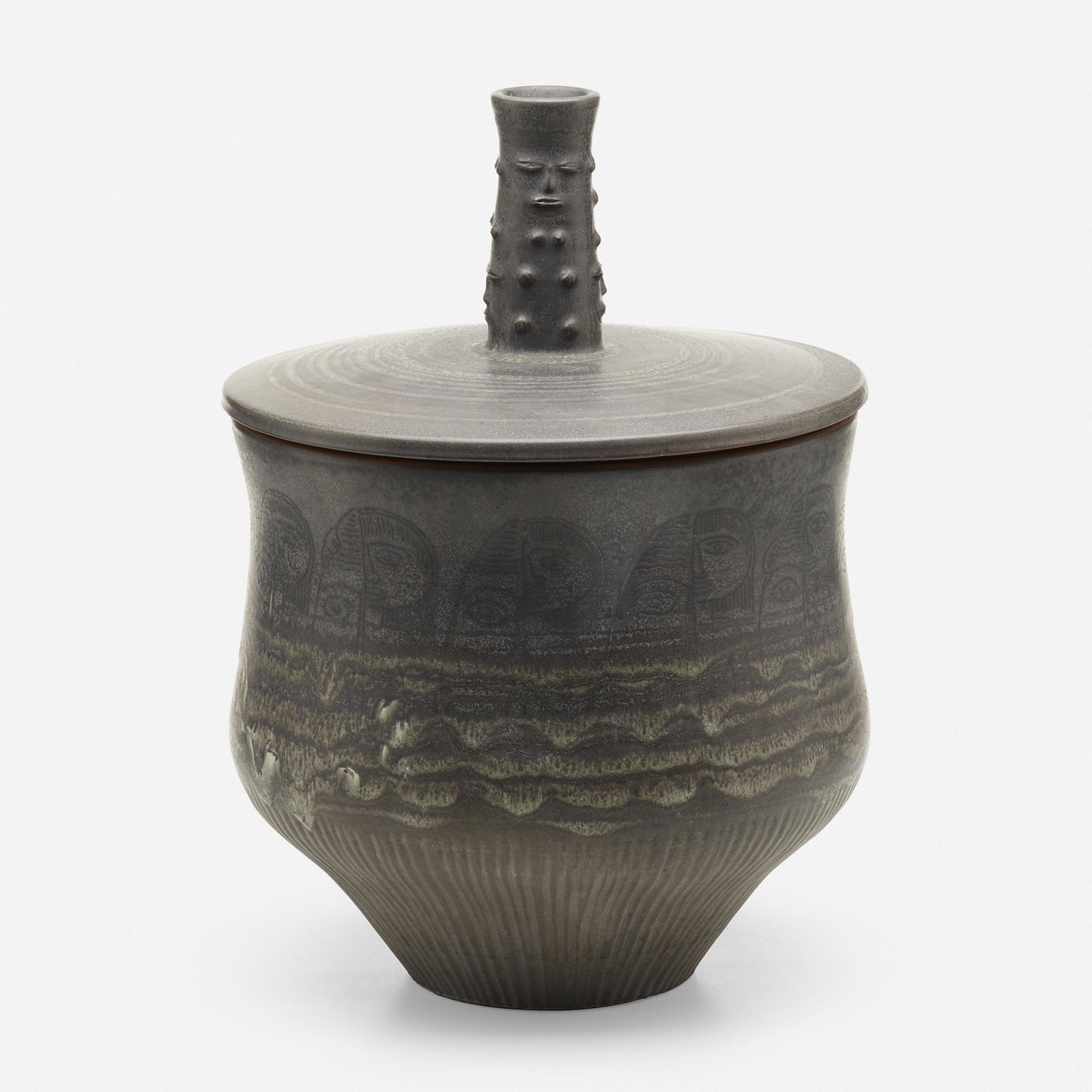 Edwin and Mary Scheier, Covered vessel: Edwin and Mary Scheier Covered vessel USA, c. 1965glazed stoneware 17.5 h × 12.5 dia in (44 × 32 cm) Incised signature to underside 'Scheier'. Provenance: P