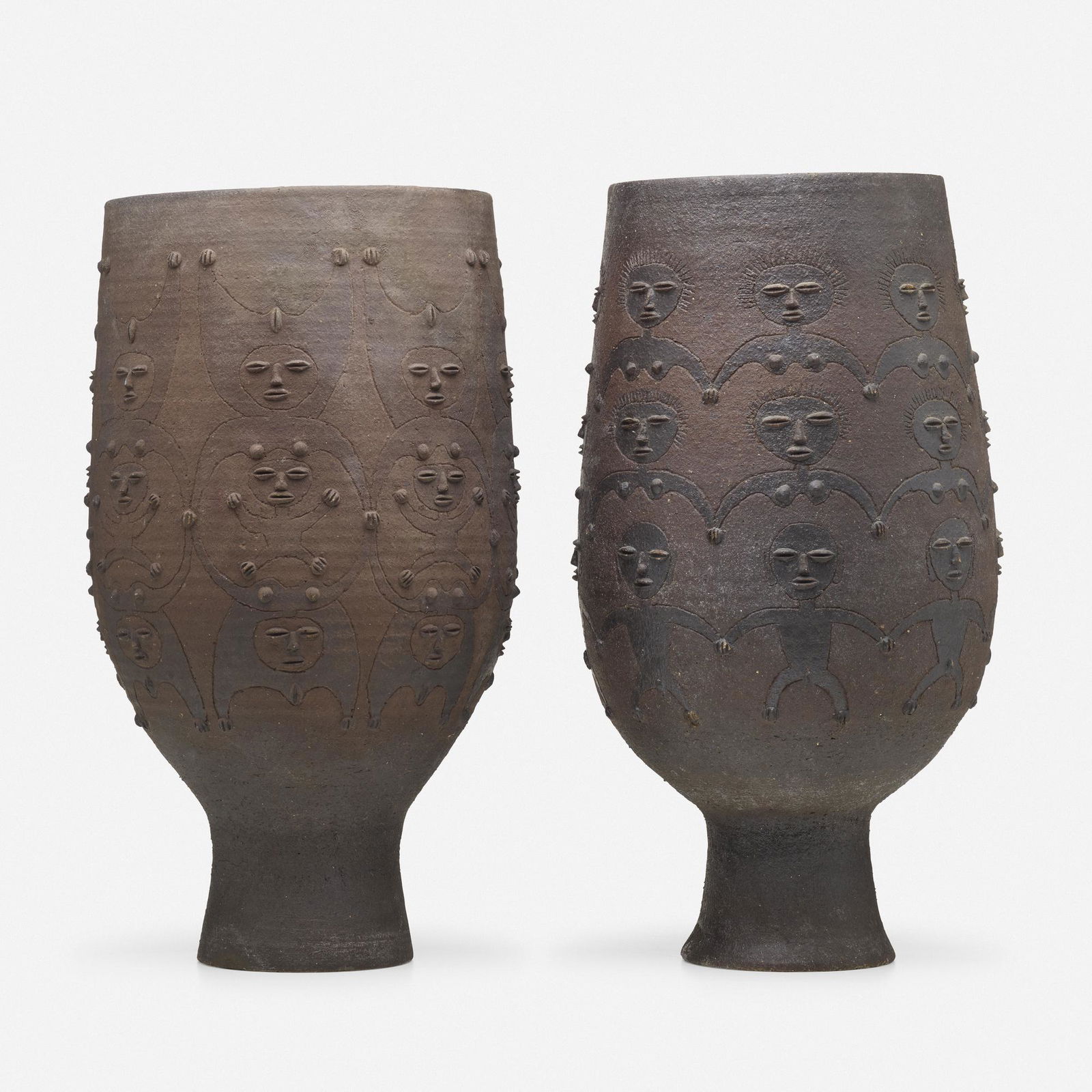 Edwin and Mary Scheier, Large vases, set of two: Edwin and Mary Scheier Large vases, set of two USA, 1969glazed stoneware each approx.: 22 h × 11 dia in (56 × 28 cm) Incised signature and date to underside of each example 'Scheie