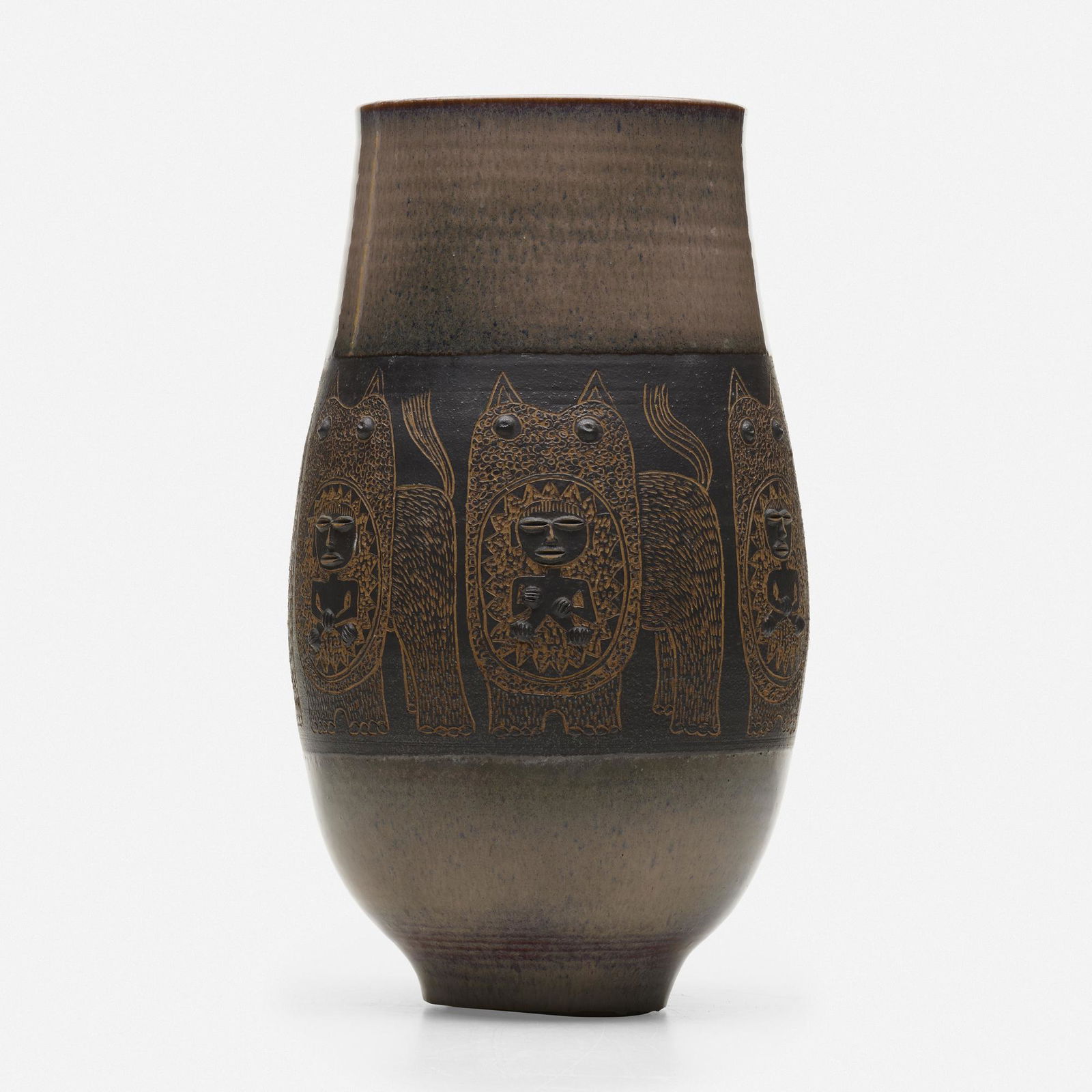 Edwin and Mary Scheier, Early vase: Edwin and Mary Scheier Early vase USA, c. 1955glazed earthenware 14.5 h × 7.5 dia in (37 × 19 cm) Incised signature to underside 'Scheier'. Provenance: Priv