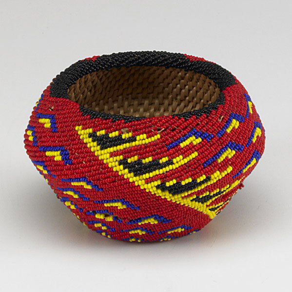 PAIUTE BEADED BASKET: PAIUTE BEADED BASKET; Polychromatic, late 19th/early 20th c.; 2 1/4'' x 3 1/2''