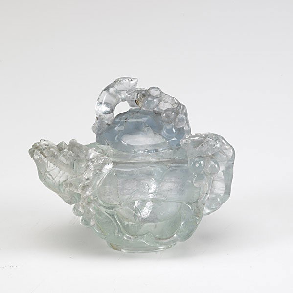 AQUAMARINE WATER DROPPER: AQUAMARINE WATER DROPPER; In the form of a small ewer and cover decorated with grape vines and squirrels, 19th c.; 3''