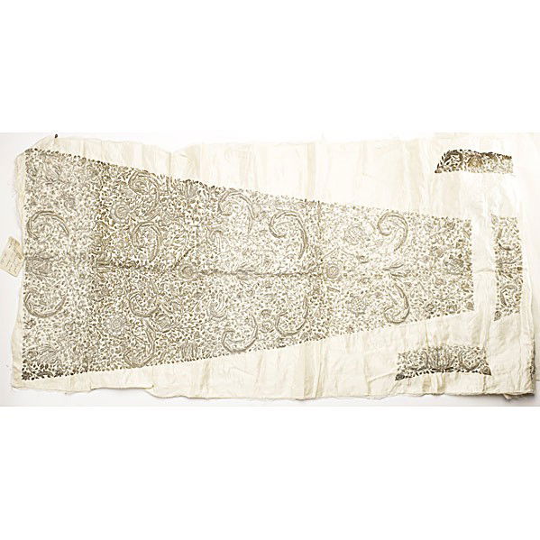 INDIAN TEXTILE: INDIAN TEXTILE; Silk panel from a royal robe, elaborately woven in a vine floral pattern with silver thread, beads and sequins, late 19th/early 20th c.; 46'' x 19''