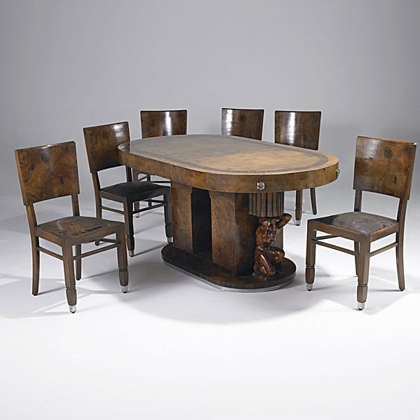 AMERICAN ART DECO DINING ROOM SET: AMERICAN ART DECO DINING ROOM SET; Table, six chairs, mirrored cabinet and sideboard in mahogany, rosewood and burled walnut with figural decoration, ca. 1940; 75'' x 73'' x 21''
