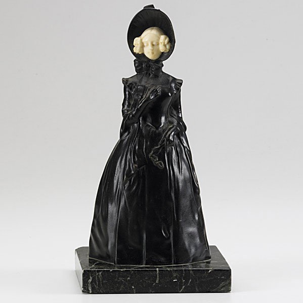 FERDINAND LUGERTH (Austrian, 1885-1915): FERDINAND LUGERTH (Austrian, 1885-1915); Patinated bronze with ivory decoration of a woman on marble vase, 20th c.; Marked F. Lugerth, Austria; 9 1/4'' x 4 3/4'' x 4 1/2''