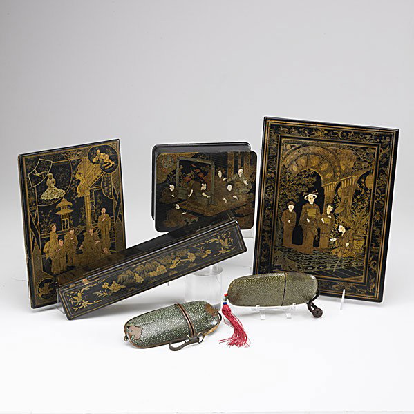 ASIAN GROUPING: ASIAN GROUPING; Six pieces: two Chinese rectangular boxes and two notebook covers together with two Japanese shagreen inro, 19th/20th c.; Largest: 9'' x 12''