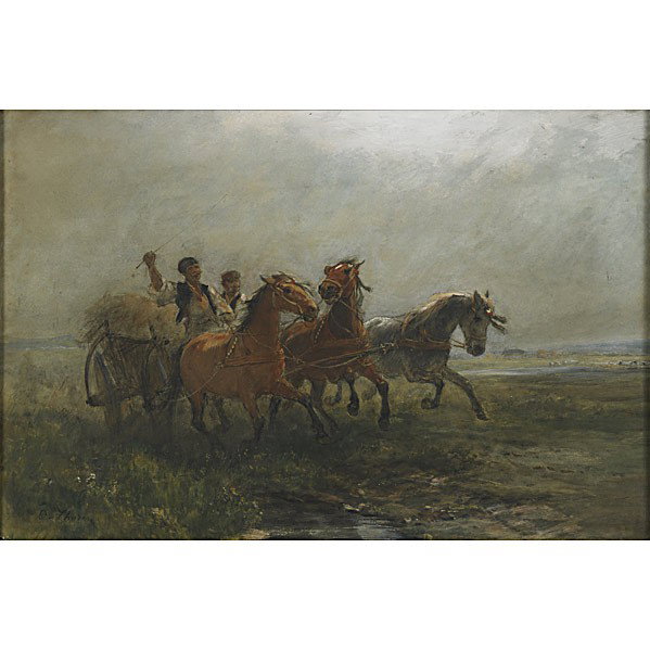 OTTO RITTER VON THOREN (Austrian, 1828-1889): OTTO RITTER VON THOREN (Austrian, 1828-1889); Gouache and watercolor on paper of a haywagon in a landscape (framed); Signed; 13'' x 19''