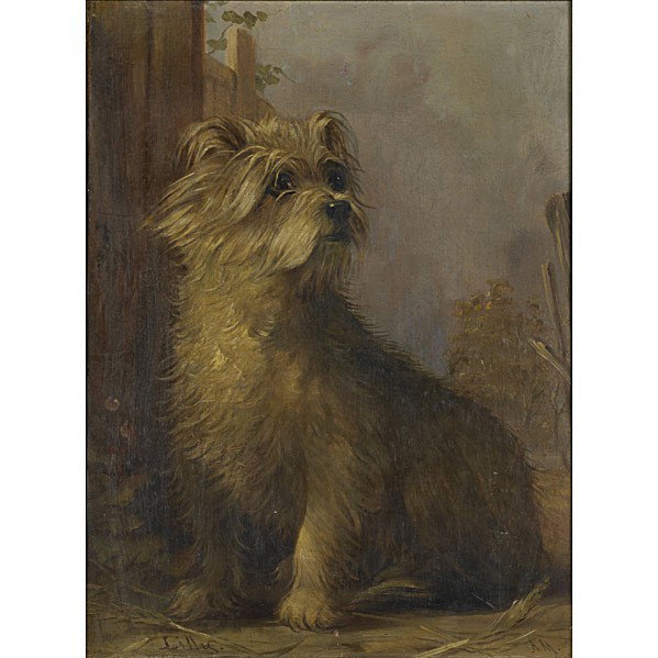 EUROPEAN 20TH C. DOG PORTRAIT: 20TH C. EUROPEAN DOG PORTRAIT; Oil on canvas, ''Lilly'' (framed); Titled and initialed A.M.; 16'' x 12''