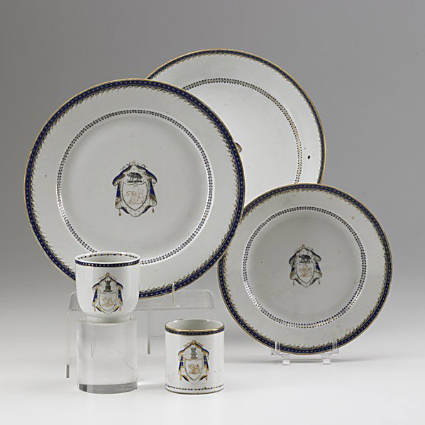 CHINESE EXPORT: CHINESE EXPORT; Partial dinner service, ca. 1792; Set includes two deep bowls, six plates, three cups and two saucers, all with crests and variants of William Lake, High Sheriff of Warwickshire; Large