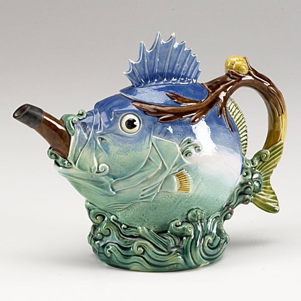 MINTON: MINTON; Majolica teapot, ''Spikey Fish'', 19th c.; Four fin chips, rim chip to lid, pouring spout repair; Stamped Minton, English date mark; 7 1/4'' x 9 1/2'' x 3 3/4''