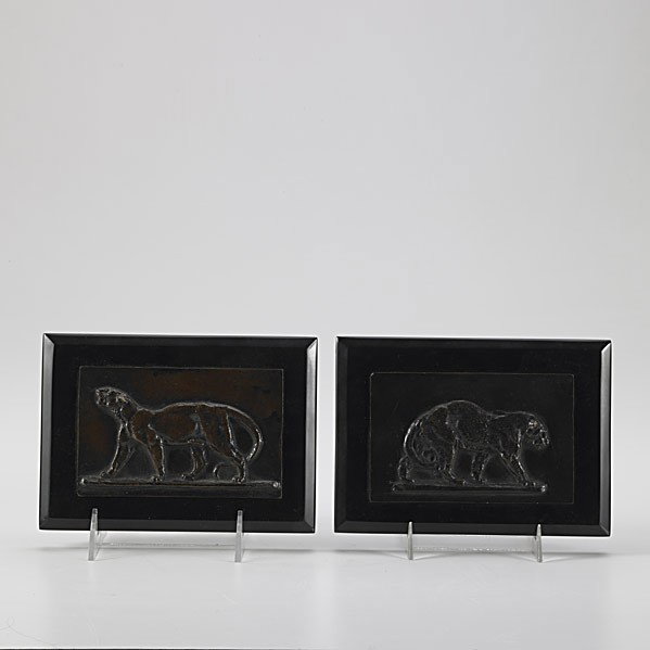 ANTOINE-LOUIS BARYE (French, 1796-1875): ANTOINE-LOUIS BARYE (French, 1796-1875); Pair of cast bronze plaques, ''Panther'' and ''Leopard'', each mounted on black marble plinth; Signed; Bronze: 3 1/4'' x 5 1/4'', overall: 7 1/4'' x 7''