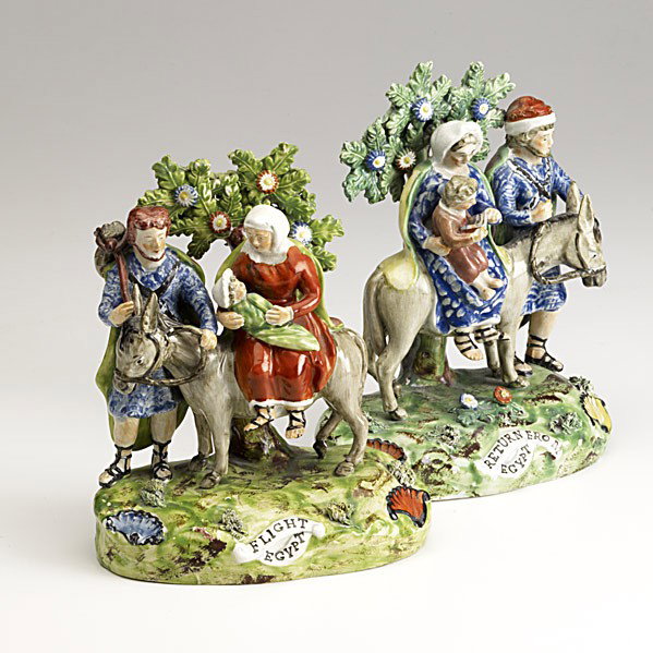 ENGLISH STAFFORDSHIRE: ENGLISH STAFFORDSHIRE; Walton Pearlware pair of figural groups, ''Flight to Egypt'' and ''Return to Egypt'', ca. 1820; Impressed Walton; 7'' x 6 1/2'' x 4''