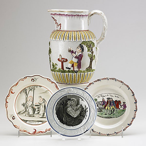 ENGLISH CREAMWARE: ENGLISH CREAMWARE; Three small plates and a pitcher, all with relief portraits of English gentlemen, early 19th c.; Tallest: 9 1/4''