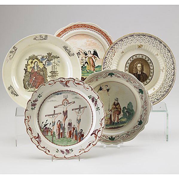 FIVE STAFFORDSHIRE PLATES: FIVE STAFFORDSHIRE PLATES; ''Sacrifice of Isaac'', crucifixion of Christ, portrait of Dean Swift, female figure with anchor and mythological scene, 19th c.; Largest: 9 3/4'' dia.